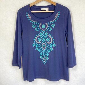 Chico's Beaded Floral T-Shirt Peasant Boho Cottage Grandma Core Blue M
